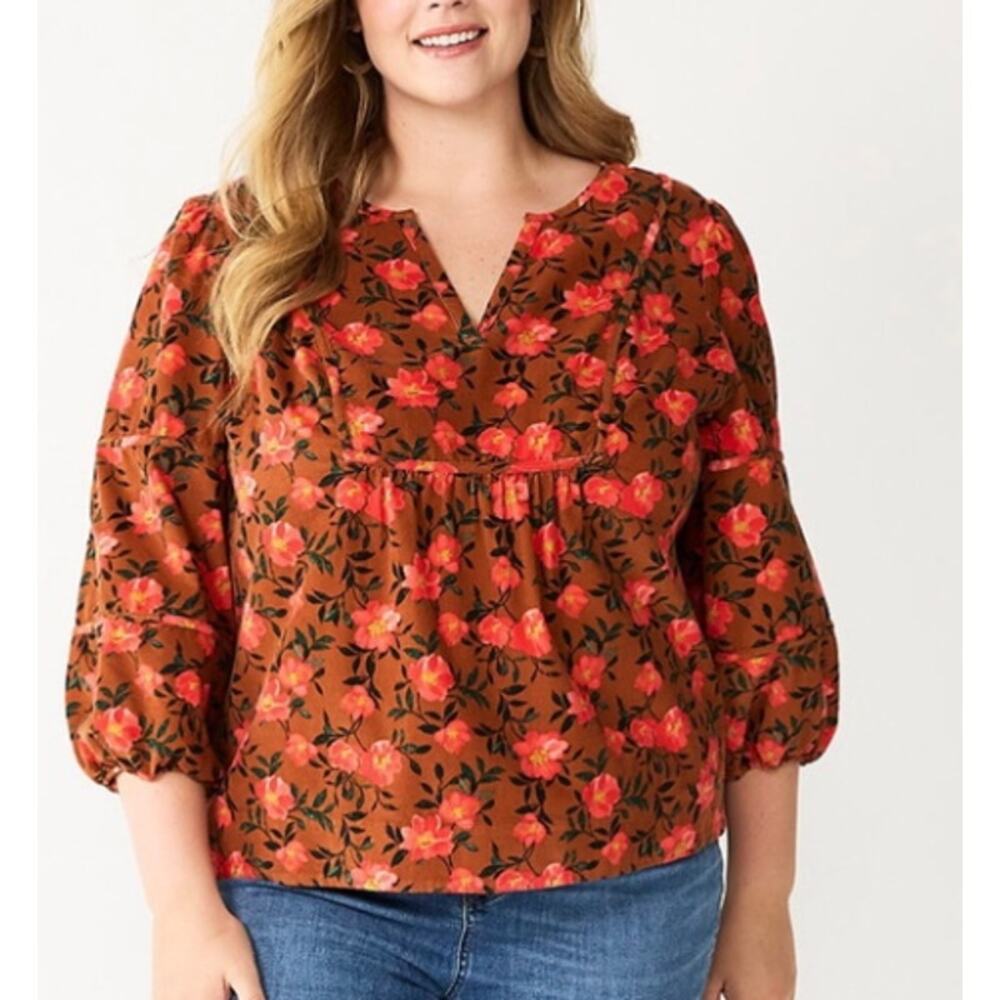 Sonoma Burnt Orange‎ Floral Corduroy Blouse Women's Size 1X Peasant Fall Pumpkin